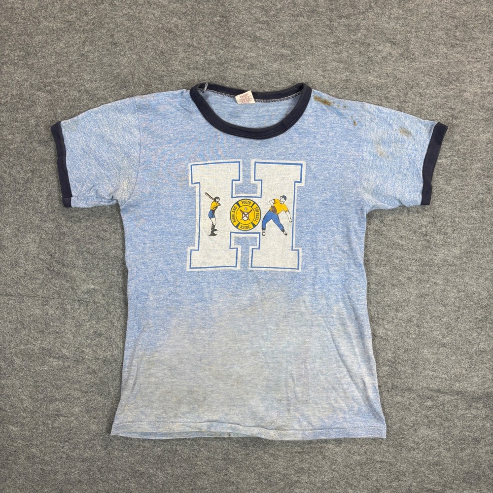 Vintage 70s Russell Athletic Highland Youth Softball Ringer T-Shirt Blue Small